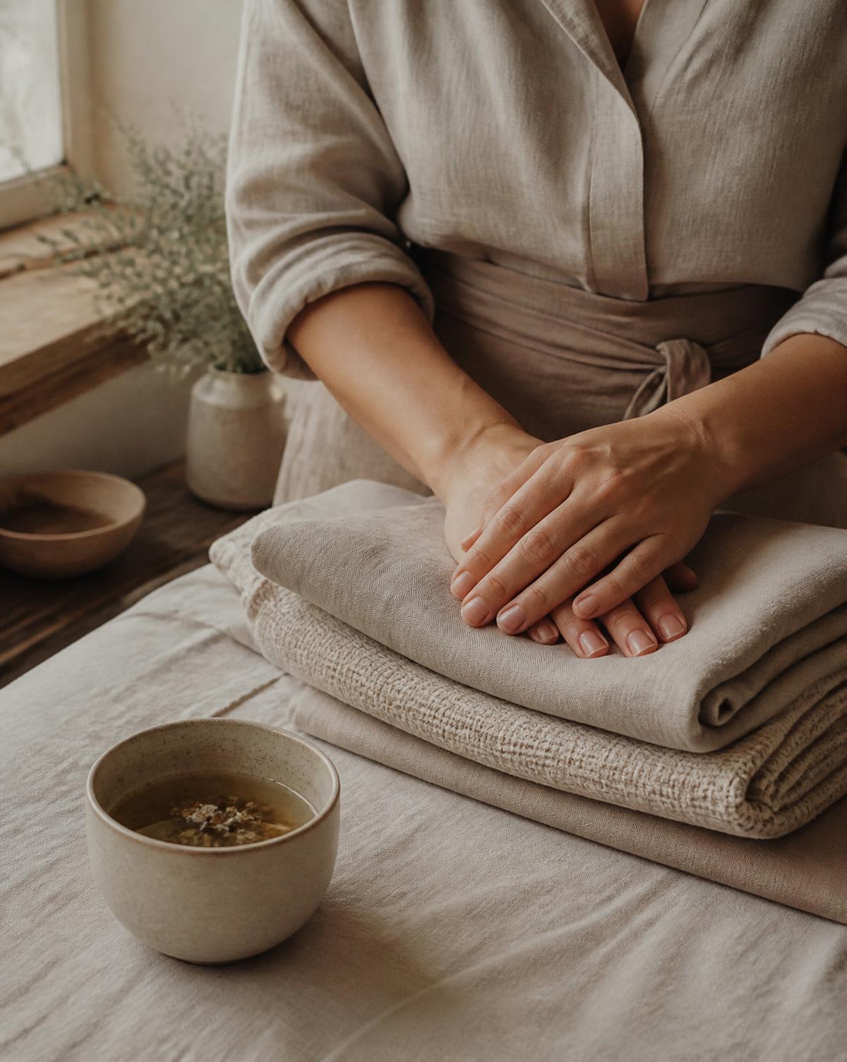 Caroline's hands resting on folded linens beside a cup of herbal tea