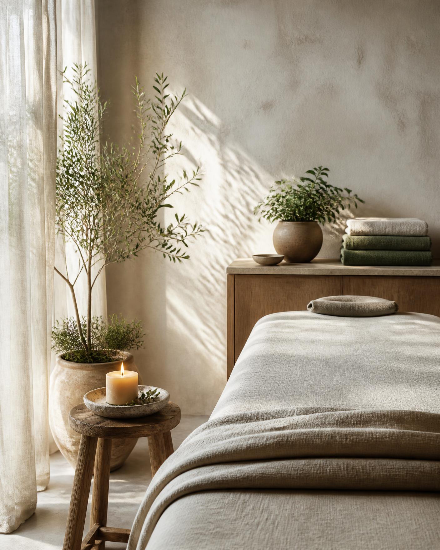 Quiet treatment room with plaster walls, linens, candlelight and olive branches